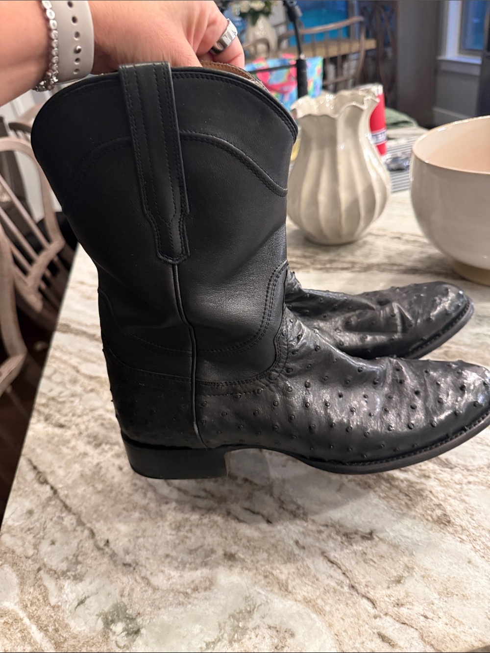 Tecovas Black Leather Ostrich-Texture Western Boots - Picture 3 of 6